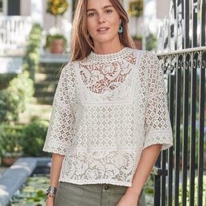 Sundance Victoria 100% Cotton Lined Lace Top Kimono Sleeves High Neck XS